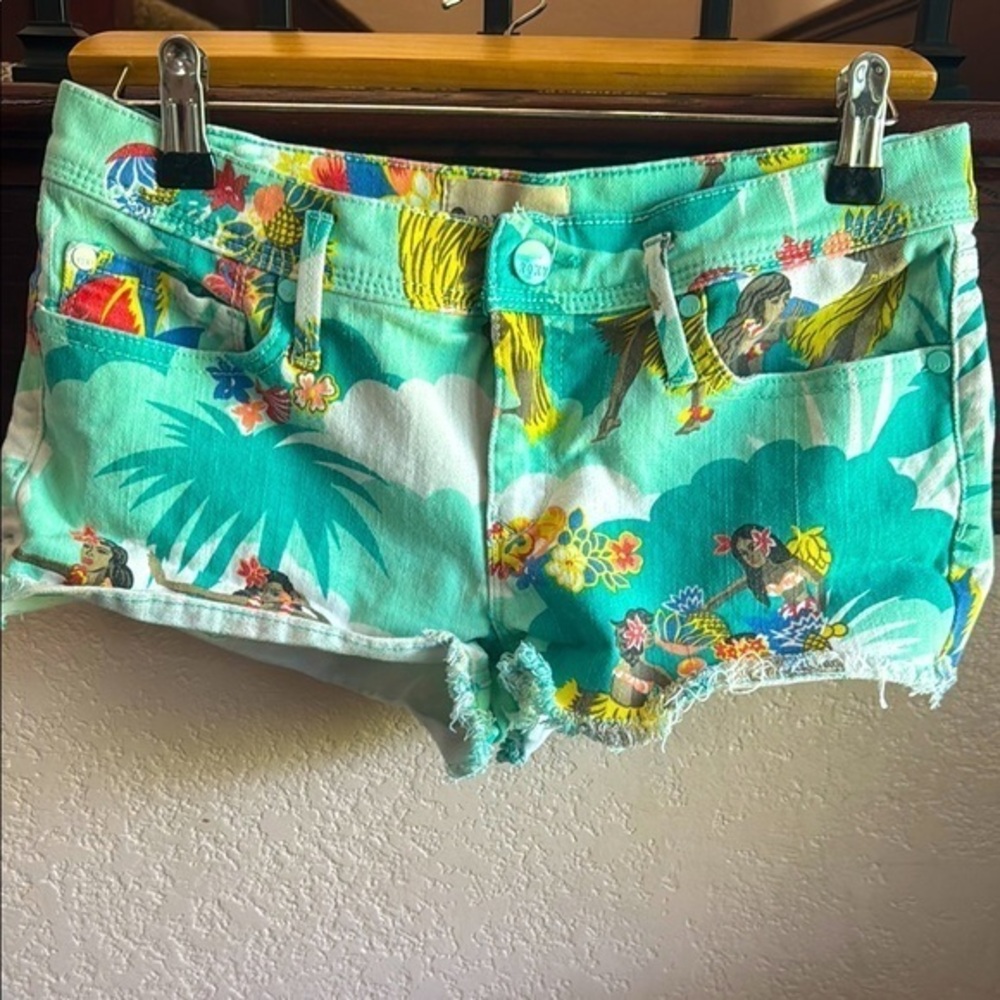 Roxy Tropical Print Jean Shorts - Green and Yellow